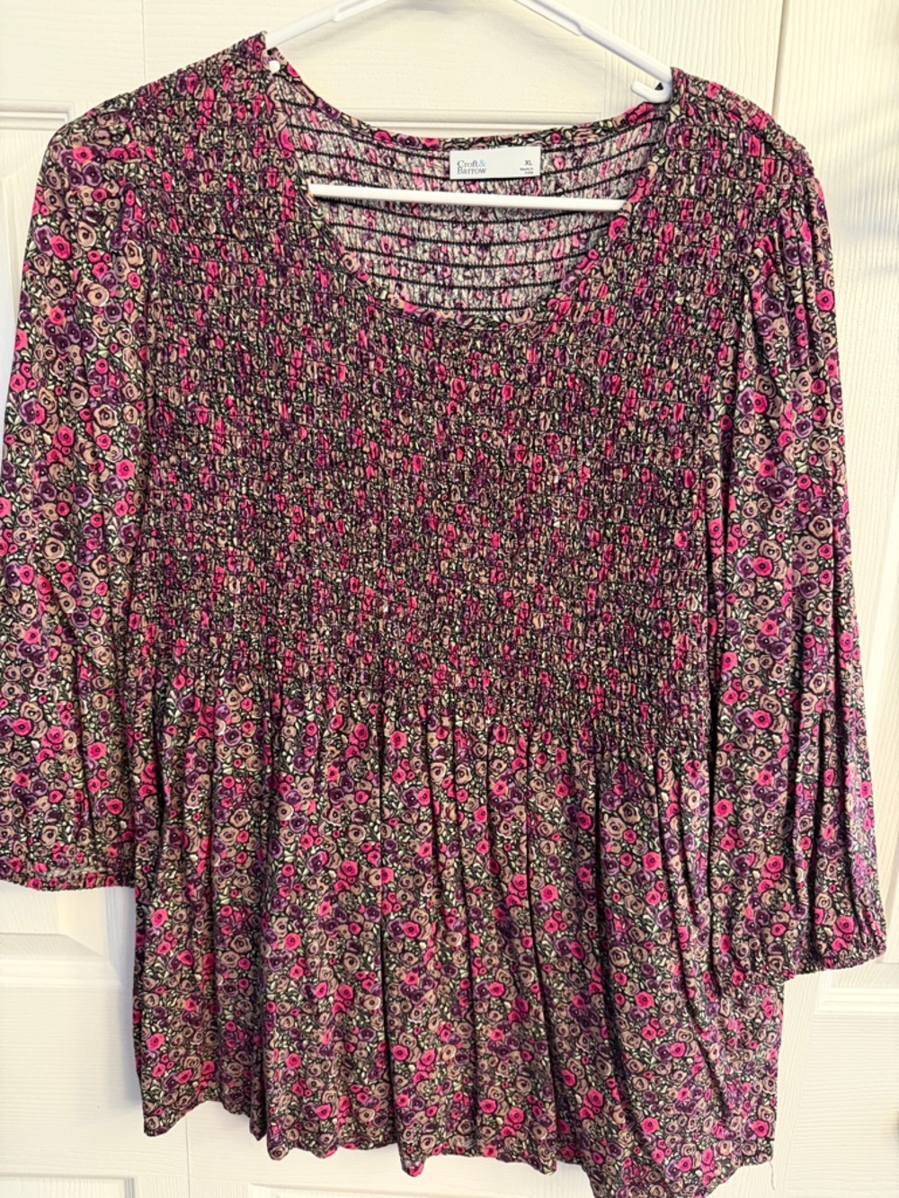 croft & barrow Pink and Black Floral Smocked Tunic Top